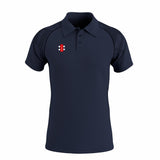 The Gray Nicolls GTS Mens Polo Shirt in Dark Navy features black patterned shoulders, 4-way stretch fabric, three buttons, a collar, moisture-wicking properties, and a small red, white, and black rectangular logo on the left chest.