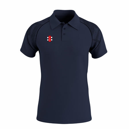 The Gray Nicolls GTS Mens Polo Shirt in Dark Navy features black patterned shoulders, 4-way stretch fabric, three buttons, a collar, moisture-wicking properties, and a small red, white, and black rectangular logo on the left chest.