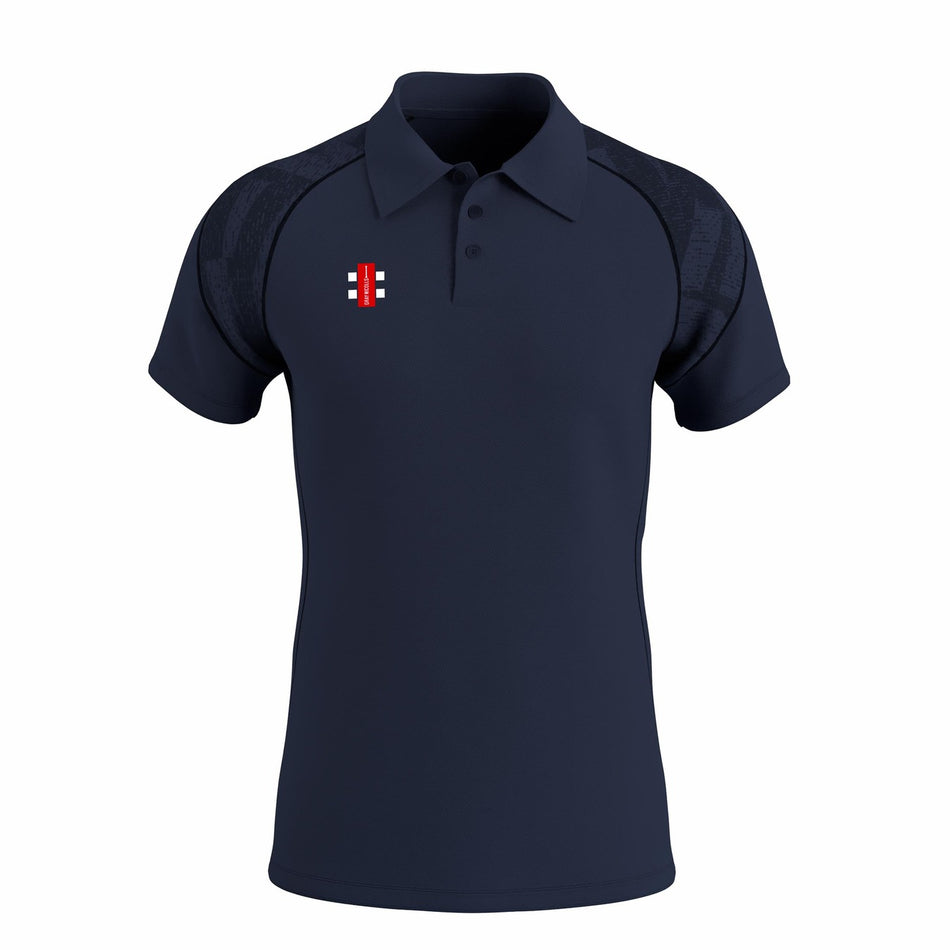 The Gray Nicolls GTS Mens Polo Shirt in Dark Navy features black patterned shoulders, 4-way stretch fabric, three buttons, a collar, moisture-wicking properties, and a small red, white, and black rectangular logo on the left chest.