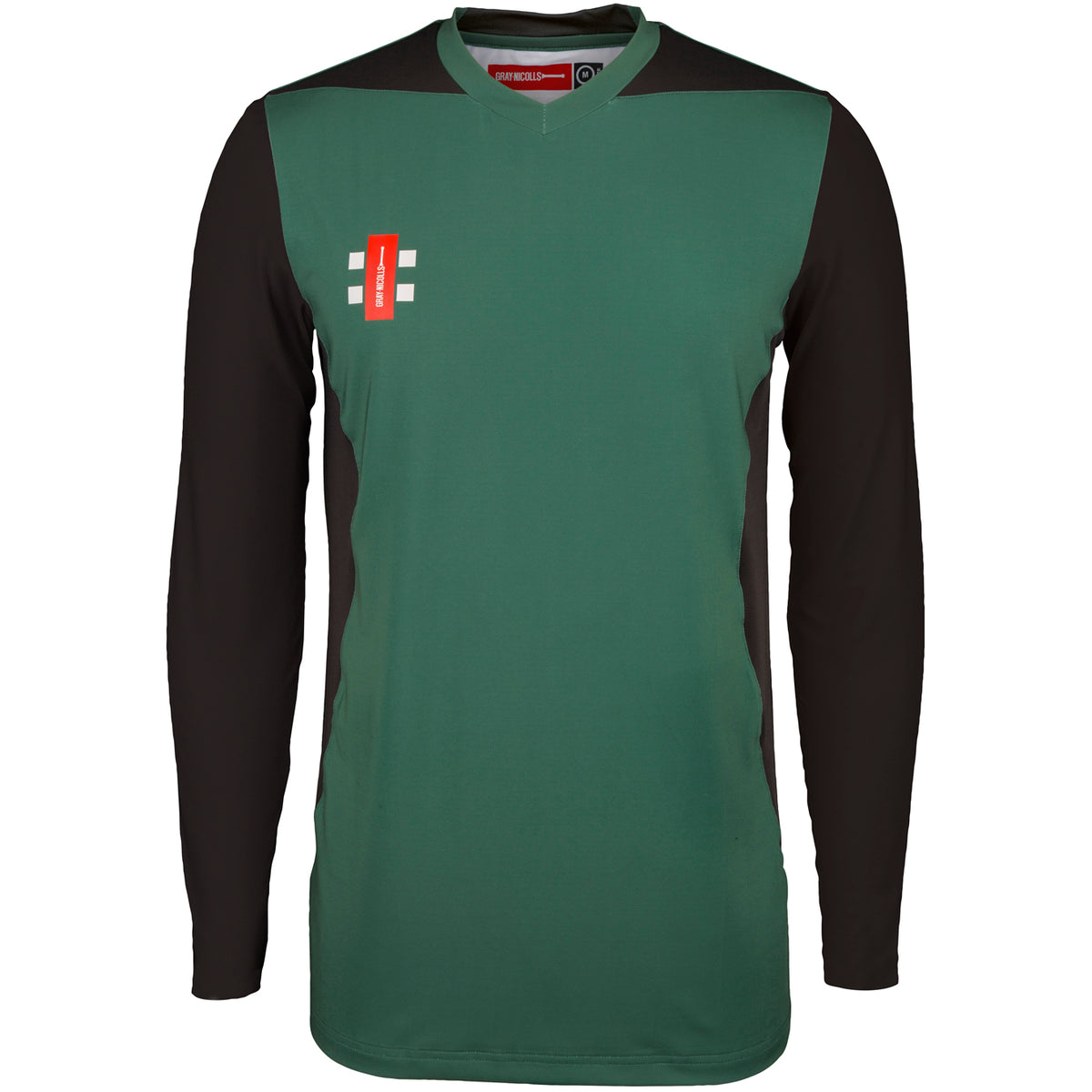 The Gray Nicolls Bartestree & Lugwardine CC T20 Shirt Long Sleeve has a green body, black sleeves and side panels, with the club’s red and white logo on the left chest and white horizontal stripes—ideal for match days.