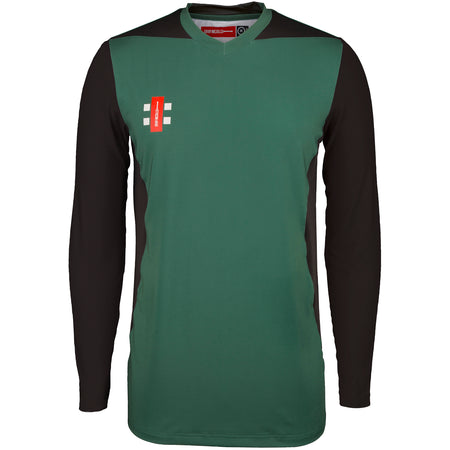 The Gray Nicolls Bartestree & Lugwardine CC T20 Shirt Long Sleeve has a green body, black sleeves and side panels, with the club’s red and white logo on the left chest and white horizontal stripes—ideal for match days.