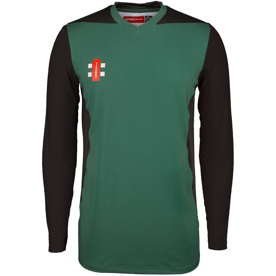 The Gray Nicolls Bartestree & Lugwardine CC T20 Shirt Long Sleeve has a green body, black sleeves and side panels, with the club’s red and white logo on the left chest and white horizontal stripes—ideal for match days.