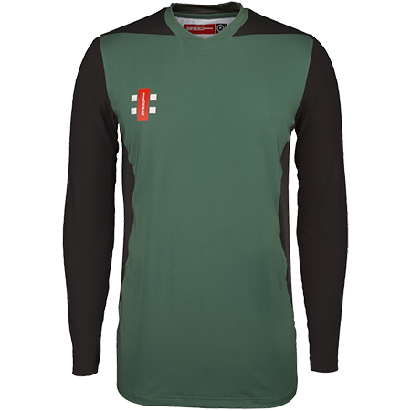 The Gray Nicolls T20 Match Shirts 12 Pack features long sleeves, a green front with black sleeves, a black collar, and a small red and white Gray Nicolls logo with two white rectangles on the upper left chest.