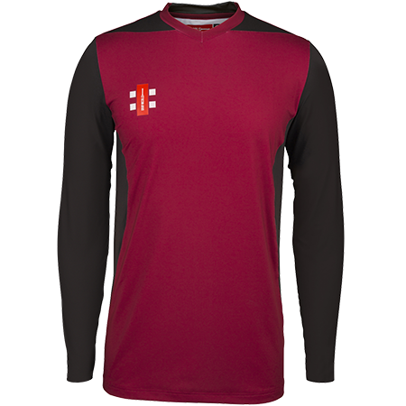 The Gray Nicolls T20 Match Shirts 12 Pack features long-sleeve maroon shirts with black sleeves and a small white and red club logo on the left chest.