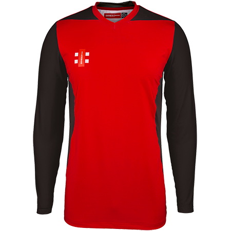 The Gray Nicolls T20 Match Shirts 12 Pack with Logo includes long-sleeved, fitted shirts with a bright red front, black sleeves, white club logo on the left chest, and a round collar.