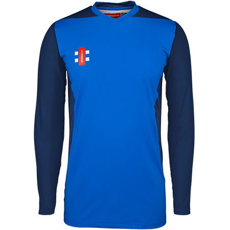 The Gray Nicolls T20 Match Shirts 12 Pack features long sleeves, a bright blue front with dark blue sleeves, and a red and white Gray Nicolls logo on the upper left chest.