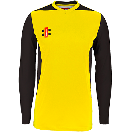 The Gray Nicolls T20 Match Shirts 12 Pack features long sleeves, a bright yellow body, black sleeves and accents, plus a red, black, and yellow club logo on the left chest. Perfect as official Gray Nicolls sports jerseys.