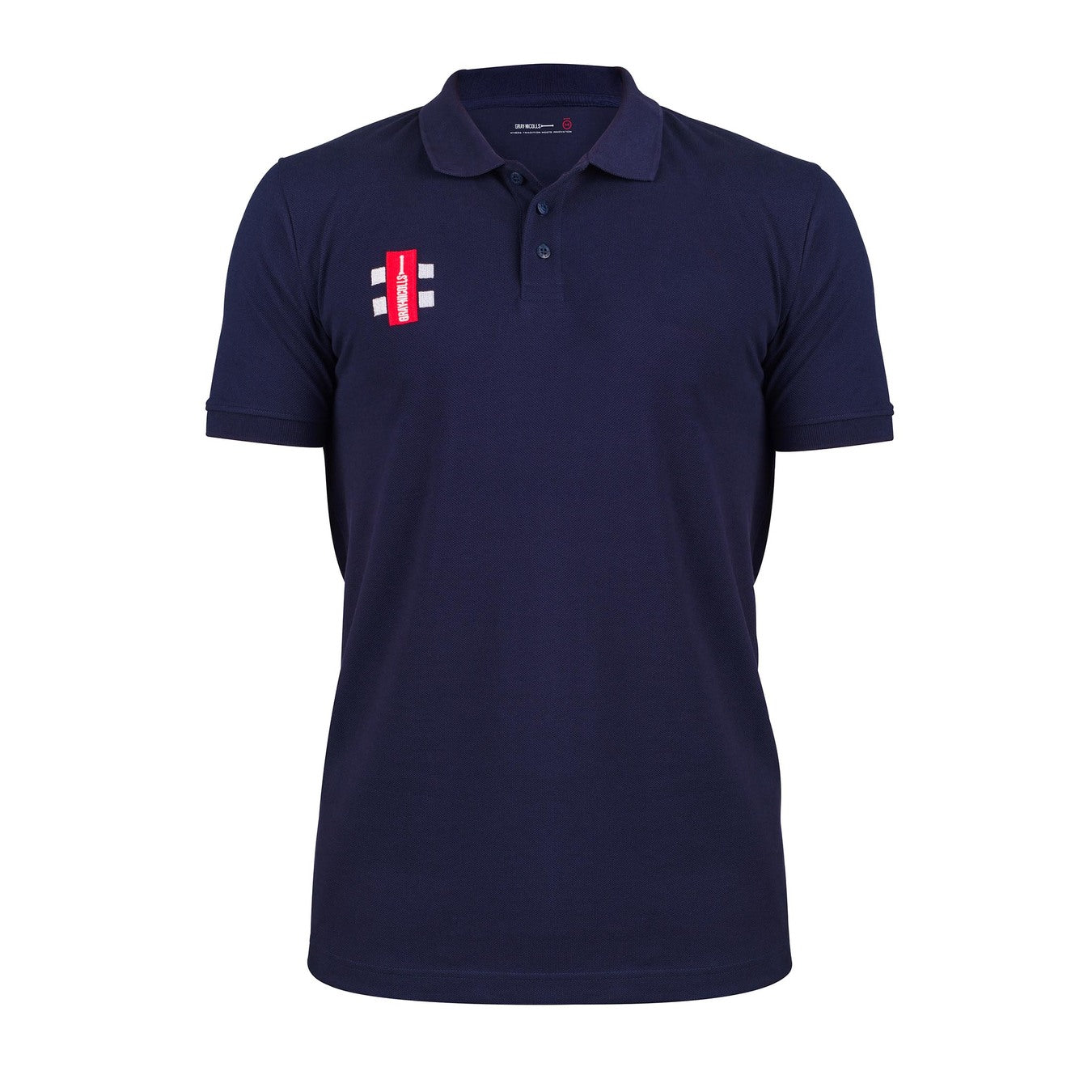 The Gray Nicolls Velocity Polo Shirt by Gray Nicolls is a navy active fit polo with short sleeves, a collar, and three buttons. It features a red and white rectangular logo with small grey squares on the left chest.
