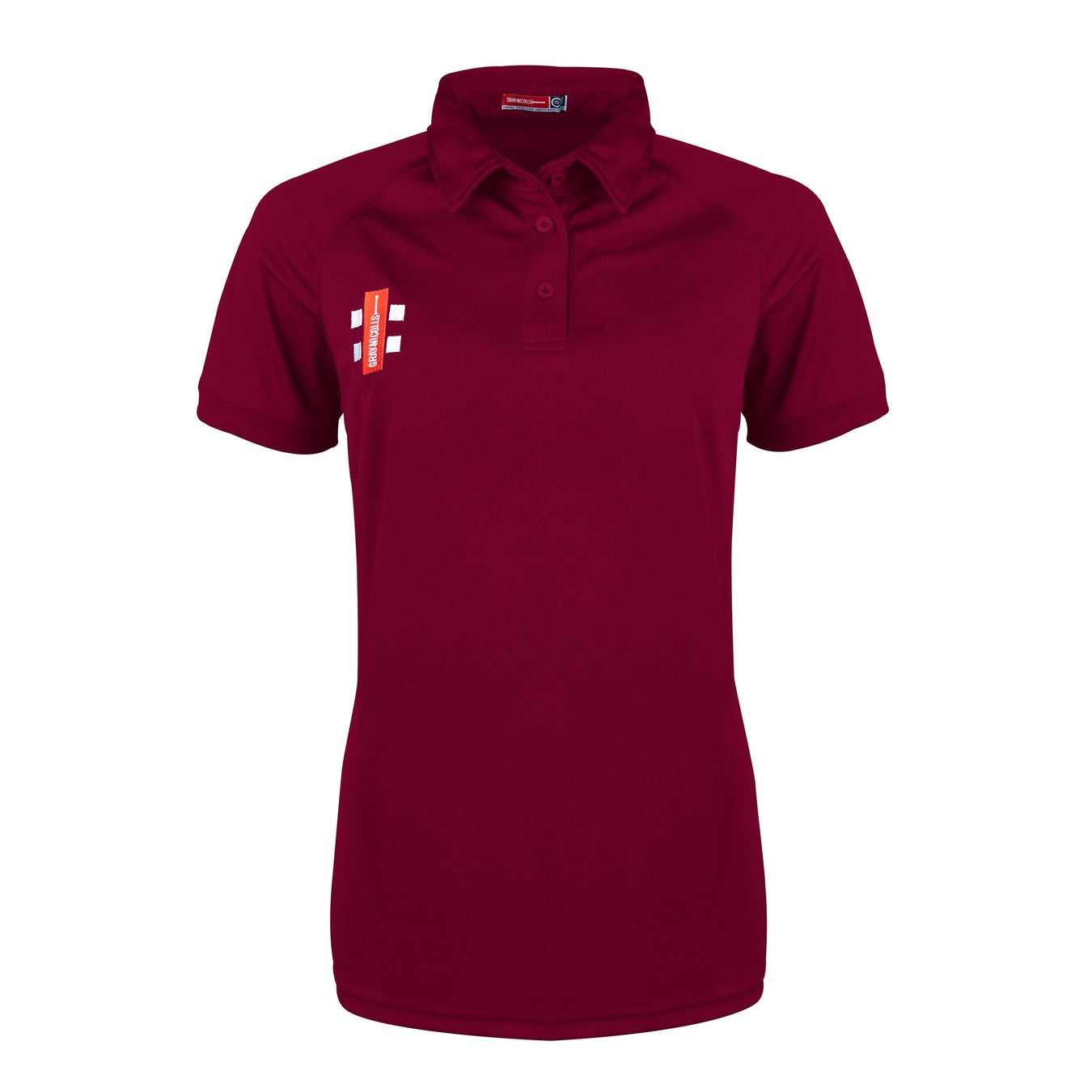 The Gray Nicolls Bushley CC Matrix V2 Ladies Polo Shirt is maroon with short sleeves, a collar, buttons, and a small white and red logo on the left chest. Made from moisture-wicking fabric for training comfort.