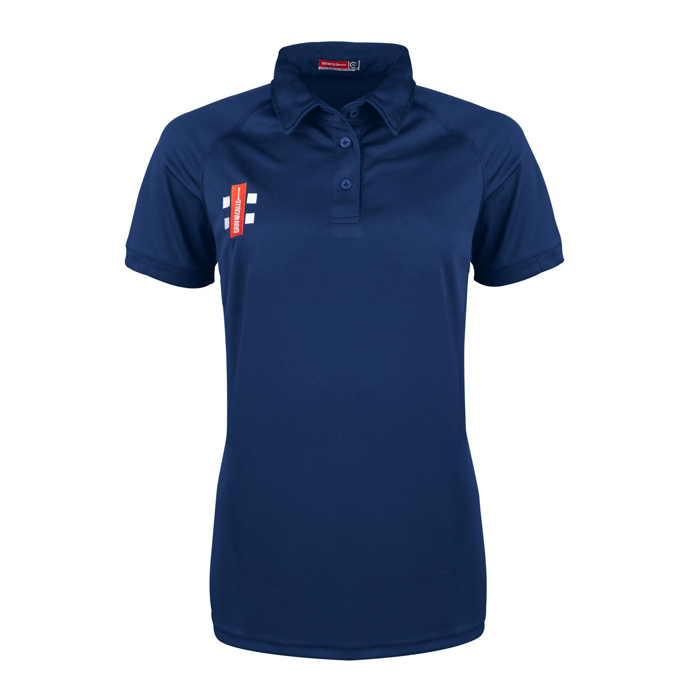 The Gray Nicolls Wotton Hall Chess Club Matrix V2 Ladies Polo Shirt in navy features a collar, button placket, and a small red and white logo on the left chest. Made from moisture-wicking fabric, it's shown on a white background.