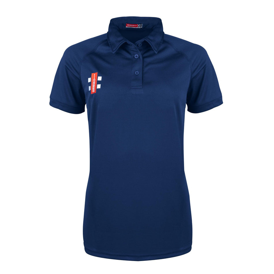 The Gray Nicolls Wotton Hall Chess Club Matrix V2 Ladies Polo Shirt in navy features a collar, button placket, and a small red and white logo on the left chest. Made from moisture-wicking fabric, it's shown on a white background.