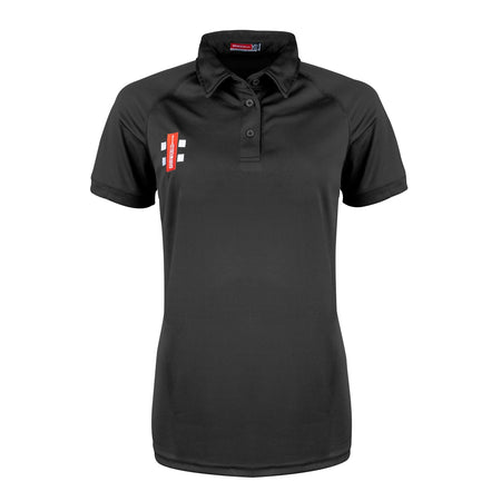 The Gray Nicolls Matrix V2 Ladies Polo Shirt in black features a slim fit, short sleeves, a buttoned collar, and a small red and white logo on the left chest. Ideal for active training, it’s shown on a plain white background.
