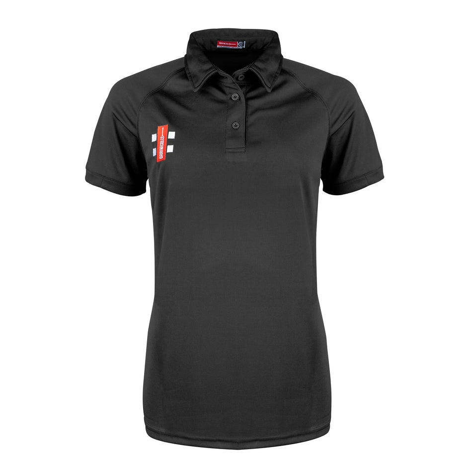 The Gray Nicolls Matrix V2 Ladies Polo Shirt in black features a slim fit, short sleeves, a buttoned collar, and a small red and white logo on the left chest. Ideal for active training, it’s shown on a plain white background.