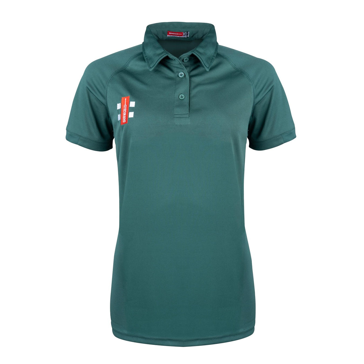 The Gray Nicolls Rockhampton Ravens CC Matrix V2 Ladies Polo Shirt is a short-sleeved, dark green top with a collar, three buttons, and a red and white team logo on the left chest. Displayed against a plain white background.