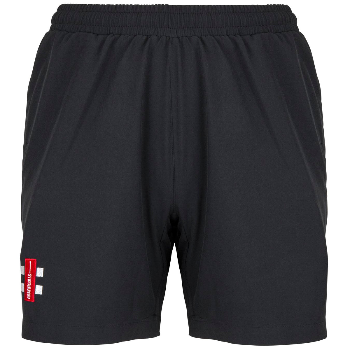 Gray Nicolls Bushley CC Ladies Velocity Shorts feature an elastic waistband, two side pockets, a simple design, and a small red and white Bushley CC club logo patch on the lower left leg for a sleek athletic look.