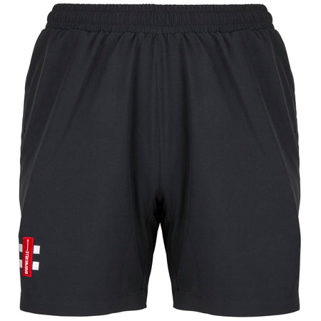 Gray Nicolls Bushley CC Ladies Velocity Shorts feature an elastic waistband, two side pockets, a simple design, and a small red and white Bushley CC club logo patch on the lower left leg for a sleek athletic look.