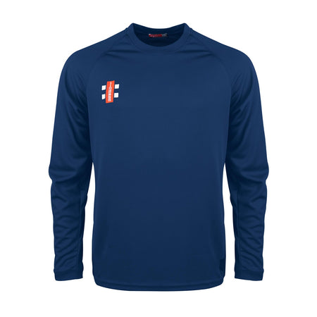 The Gray Nicolls Arcadians Nine Elms CC Matrix V2 Long Sleeve T-Shirt is a navy active training top featuring moisture-wicking fabric, a round neckline, and a small red and white logo on the left chest, shown on a plain white background.