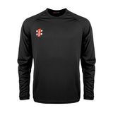 The Gray Nicolls Cam CC Matrix V2 Long Sleeve T-Shirt is black, designed for active training with a red and white logo on the left chest, a crew neckline, and moisture-wicking fabric for comfort. No visible buttons or zippers.