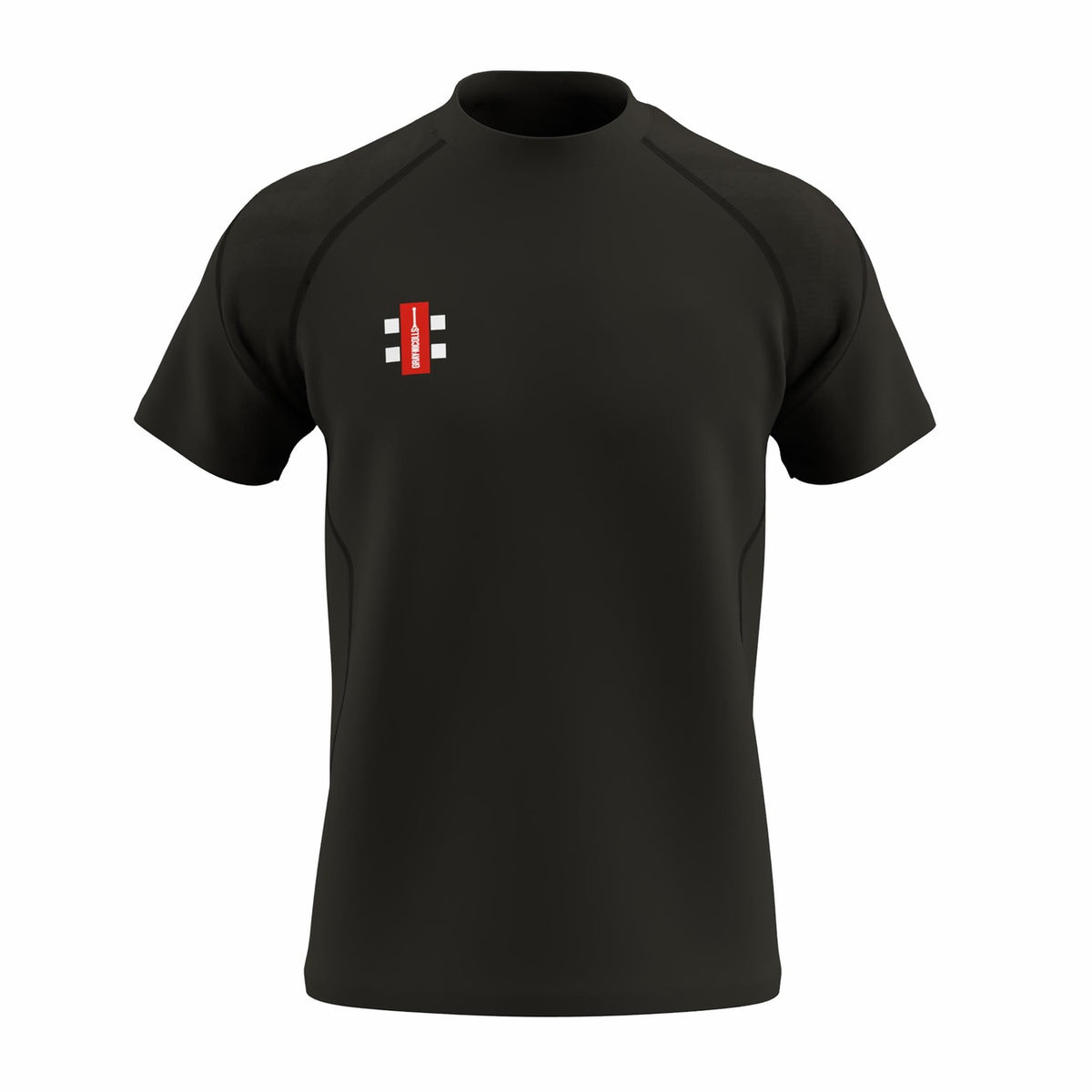 The Gray Nicolls GTS Junior S/S Tee Shirt is a black performance T-shirt featuring technical fabric and a small red and white rectangular logo with bars and text on the left chest.