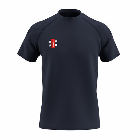 The Gray Nicolls GTS Mens S/S Tee Shirt by Gray Nicolls is a dark navy short-sleeve performance top with a small red and white rectangular logo on the left chest, shown facing forward against a white background.