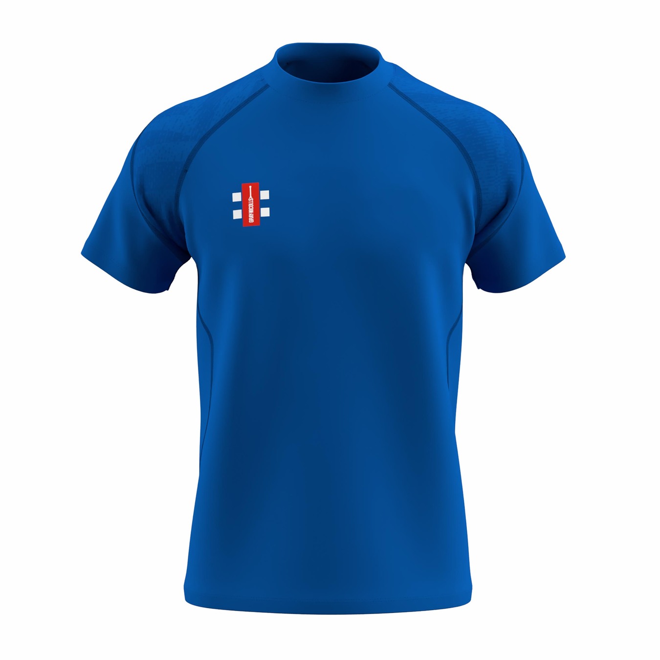 The Gray Nicolls GTS Mens S/S Tee Shirt is a royal performance t-shirt with a small red and white logo on the left chest, crew neck, subtle seam details, and moisture-wicking technical fabric ideal for active wear.