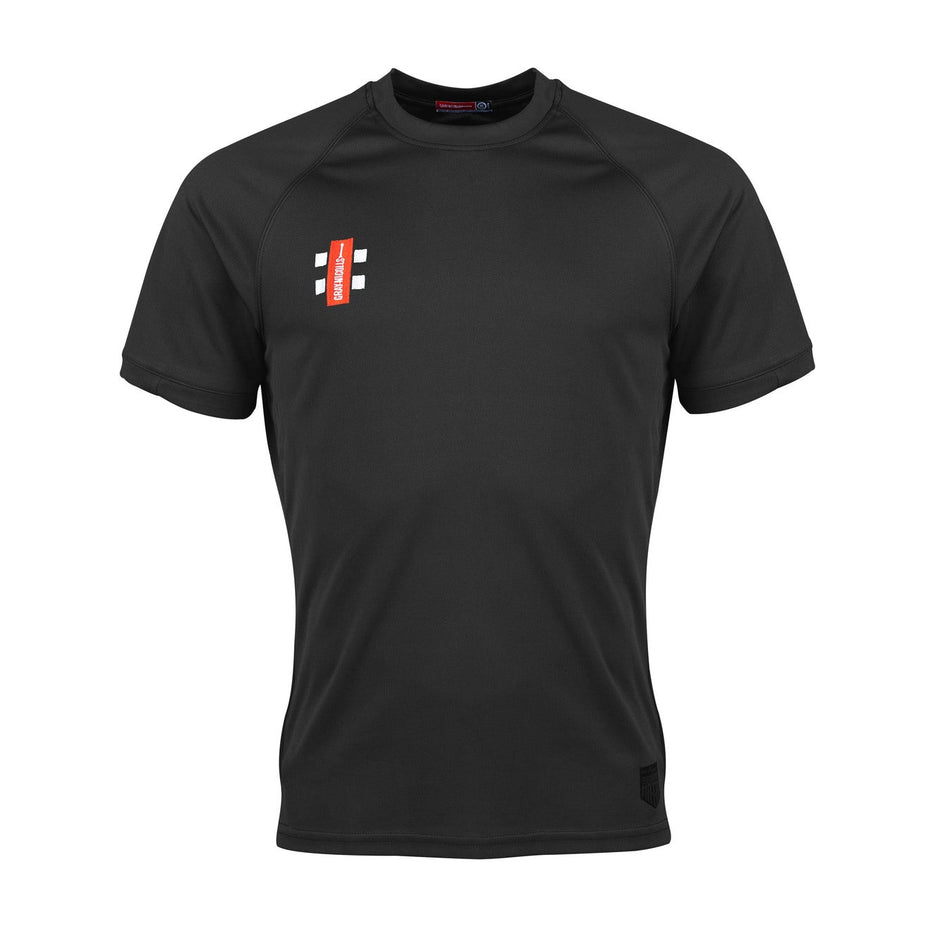 The Gray Nicolls Cam CC Matrix V2 T-Shirt is a plain black, short-sleeve polyester sports shirt with a small red and white logo on the left chest, featuring moisture-wicking fabric for all-day comfort. Displayed on a white background.