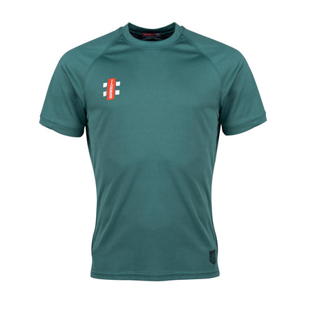 The Gray Nicolls Alvington & Woolaston CC Matrix V2 T-Shirt is a teal short-sleeve athletic tee with moisture management, a red and white chest logo, subtle black hem branding, a crew neck, and minimal visible stitching.