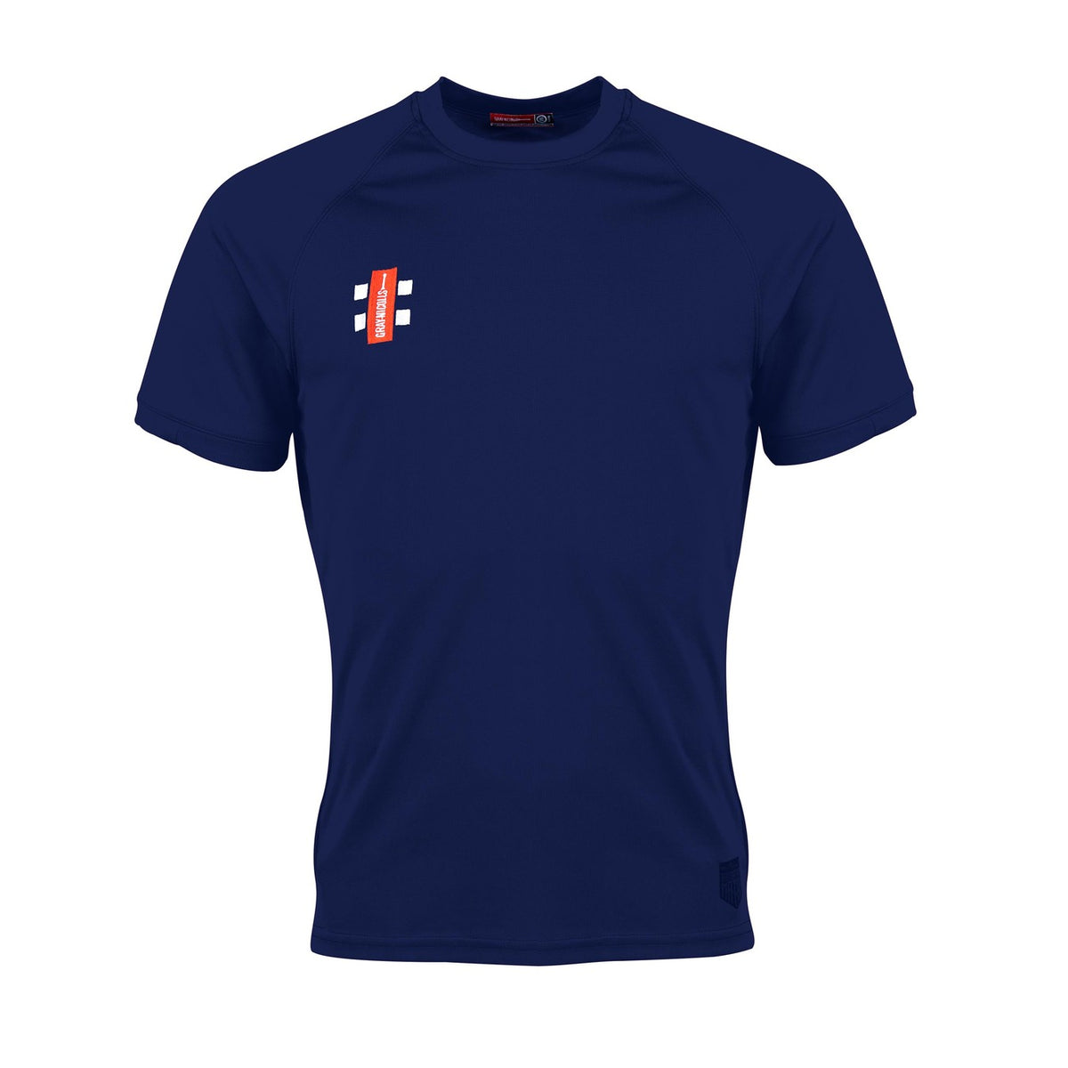The Gray Nicolls Woodpeckers CC Matrix V2 T-Shirt is a navy short-sleeve training top with a small red and white club logo on the chest, featuring a crew neck, plain design, and moisture-wicking fabric for comfort during workouts.