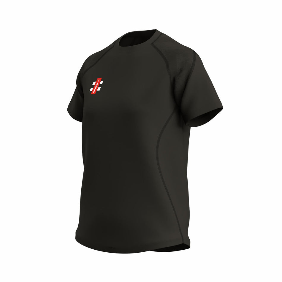 The Black Gray Nicolls GTS Women's S/S Tee Shirt features a small geometric logo on the left chest, made from technical fabric and shown against a white background.