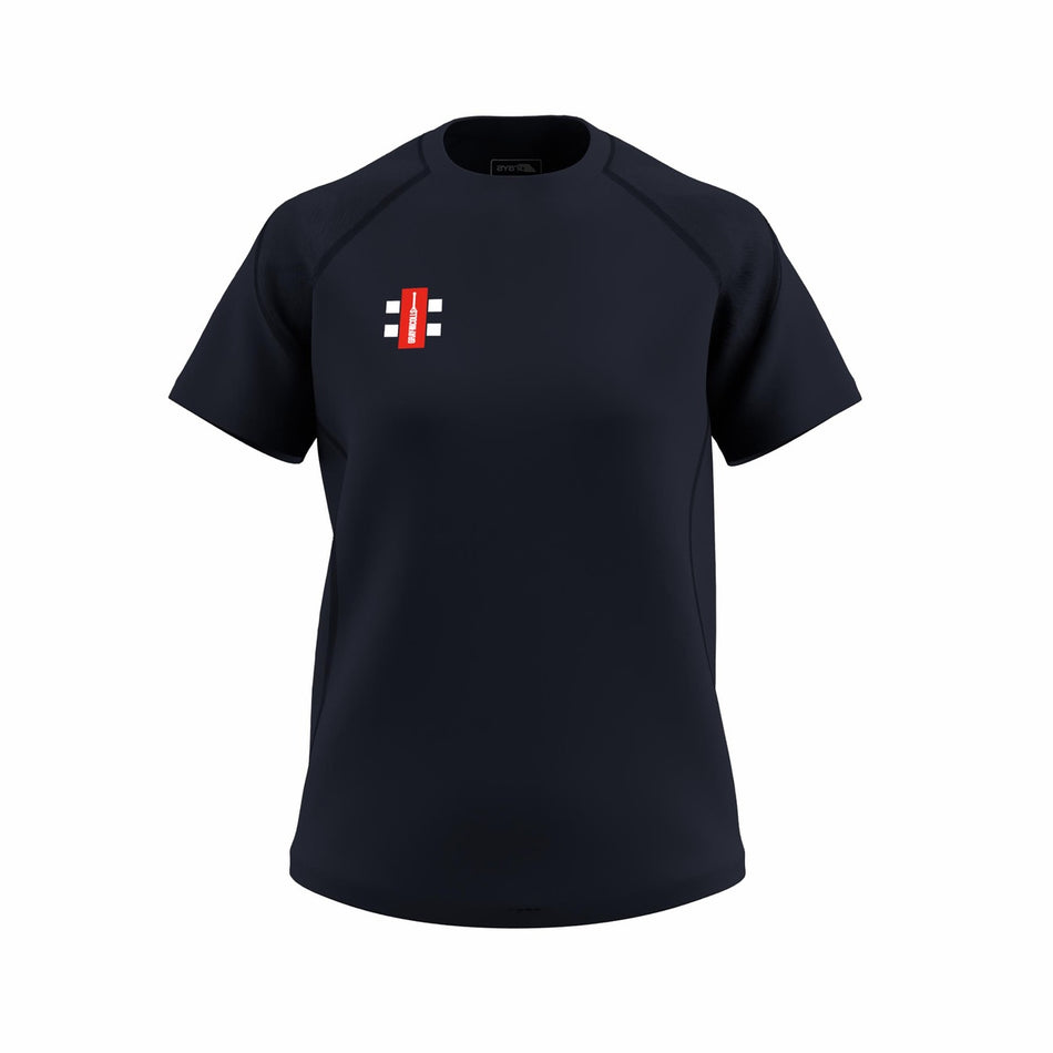 The Gray Nicolls GTS Womens S/S Tee Shirt is a dark navy performance t-shirt with a small red and white rectangular logo on the left chest, crafted from moisture-wicking technical fabric and shown on a white background.