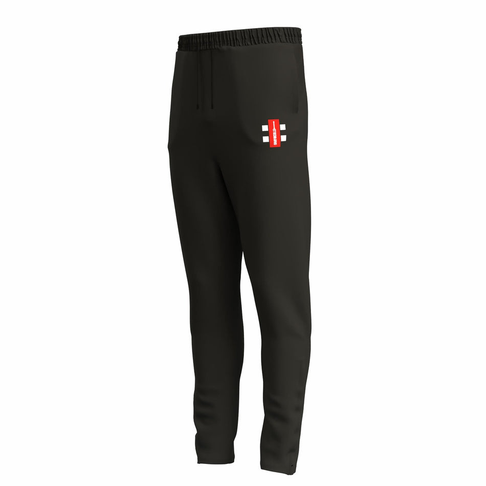 The Grays Gray Nicolls GTS Junior Training Trousers are black slim fit pants with an elasticated waistband, drawstring, and a small red and white geometric logo on the upper left thigh for style and comfort.