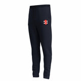 Grays Gray Nicolls GTS Junior Training Trousers in dark navy feature a slim fit, elastic waistband, and a small rectangular red, white, and black logo on the left thigh. Made from performance stretch fabric for comfort. Shown on a white background.