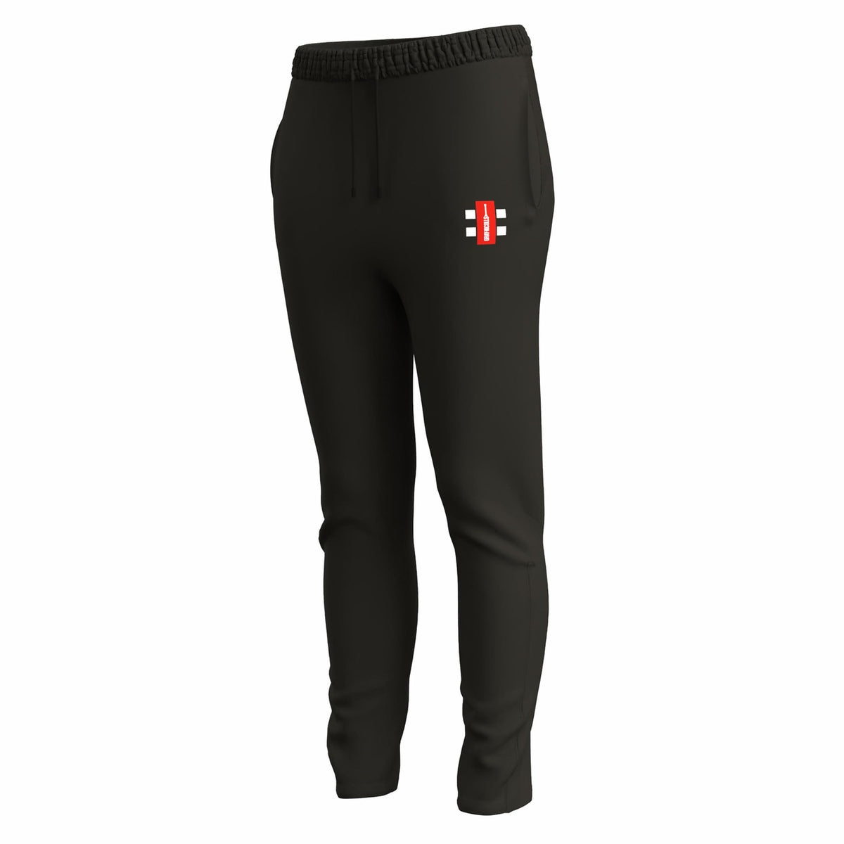 Gray Nicolls GTS Womens Training Trousers are slim fit black joggers with an elastic waistband, side pockets, and a subtle geometric logo on the upper left thigh. These performance stretch trousers offer comfort and freedom of movement.