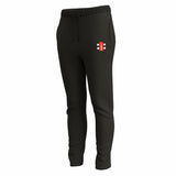 Gray Nicolls GTS Womens Training Trousers are slim fit black joggers with an elastic waistband, side pockets, and a subtle geometric logo on the upper left thigh. These performance stretch trousers offer comfort and freedom of movement.