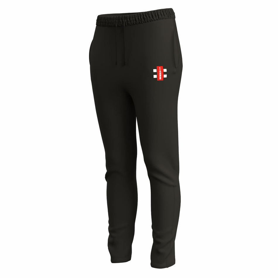 Gray Nicolls GTS Womens Training Trousers are slim fit black joggers with an elastic waistband, side pockets, and a subtle geometric logo on the upper left thigh. These performance stretch trousers offer comfort and freedom of movement.
