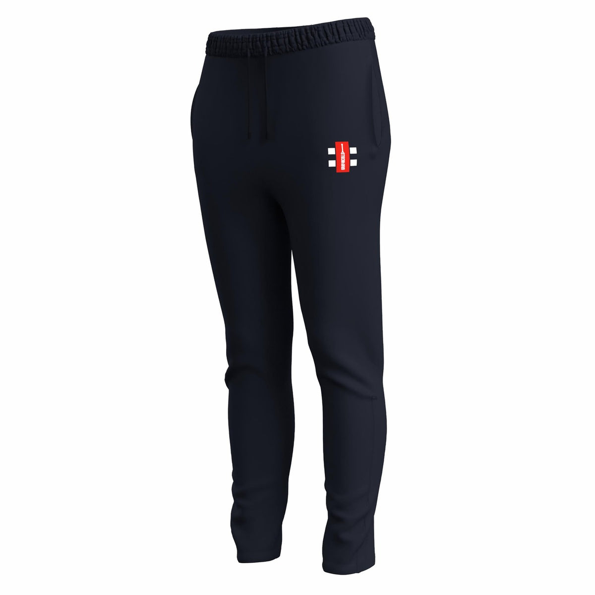 Gray Nicolls GTS Womens Training Trousers in dark navy, featuring a slim fit, elastic waistband with drawstring, performance stretch fabric, and a small rectangular red and white logo with black details on the upper left thigh.