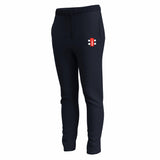 Gray Nicolls GTS Womens Training Trousers in dark navy, featuring a slim fit, elastic waistband with drawstring, performance stretch fabric, and a small rectangular red and white logo with black details on the upper left thigh.