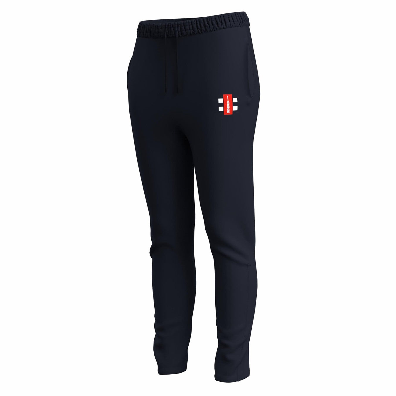 Gray Nicolls GTS Womens Training Trousers in dark navy, featuring a slim fit, elastic waistband with drawstring, performance stretch fabric, and a small rectangular red and white logo with black details on the upper left thigh.