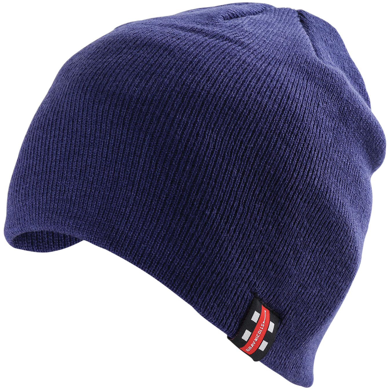 The Gray Nicolls Arcadians Nine Elms CC Beanie Hat is a classic navy beanie featuring a small black, white, and red tag on the folded edge, shown against a white background.