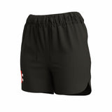 The Gray Nicolls GTS Womens Shorts by Gray Nicolls are black performance shorts with an elasticated waistband, drawstring, and a small red and white geometric design on the lower left leg. Lightweight with a slight side slit. Displayed on a white background.