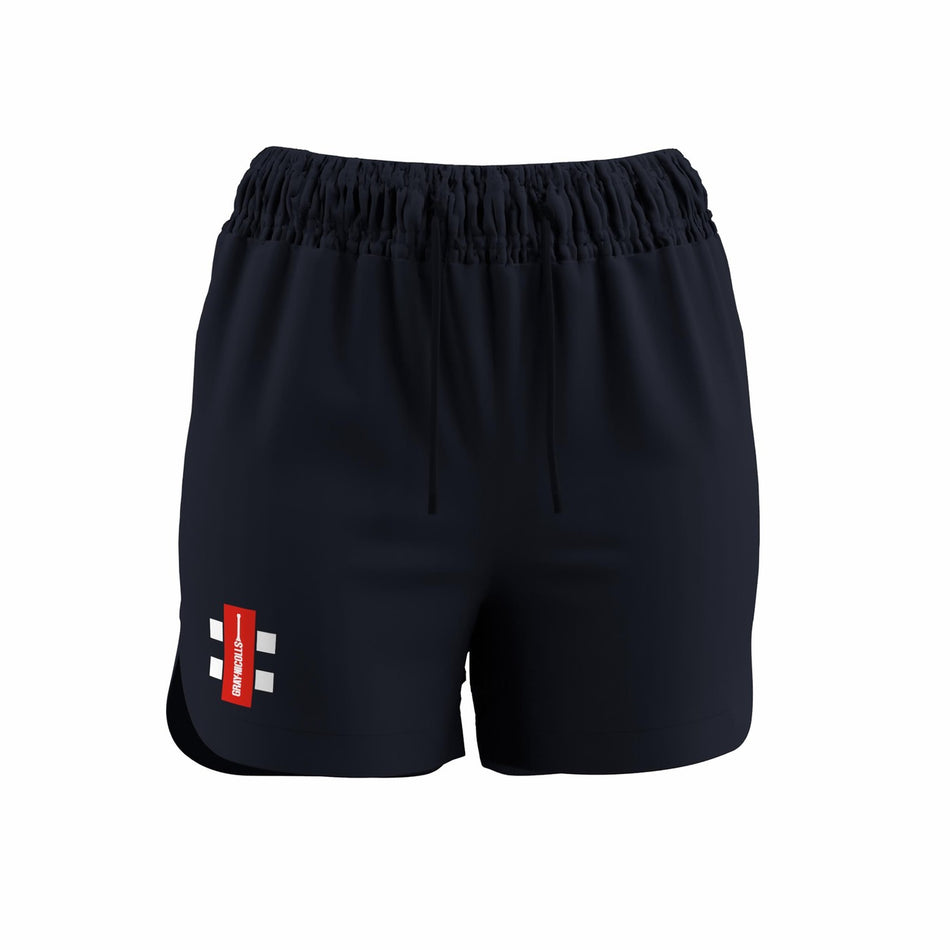 The Gray Nicolls GTS Womens Shorts in Dark Navy feature an elasticated waistband with a drawstring and a small red and white geometric logo on the lower left leg, shown against a plain white background.