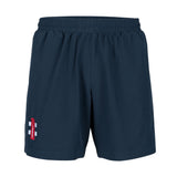 The Oldlands CC Velocity Training Shorts by Gray Nicolls are navy blue cricket training shorts featuring an elastic waistband and a small red and white logo patch near the left hem, with a plain design and no visible pockets.
