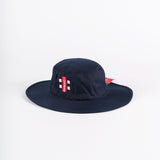 The Gray Nicolls Sun Hat in navy features two small metal eyelets and a red side tag with white text, and is displayed on a plain white background.
