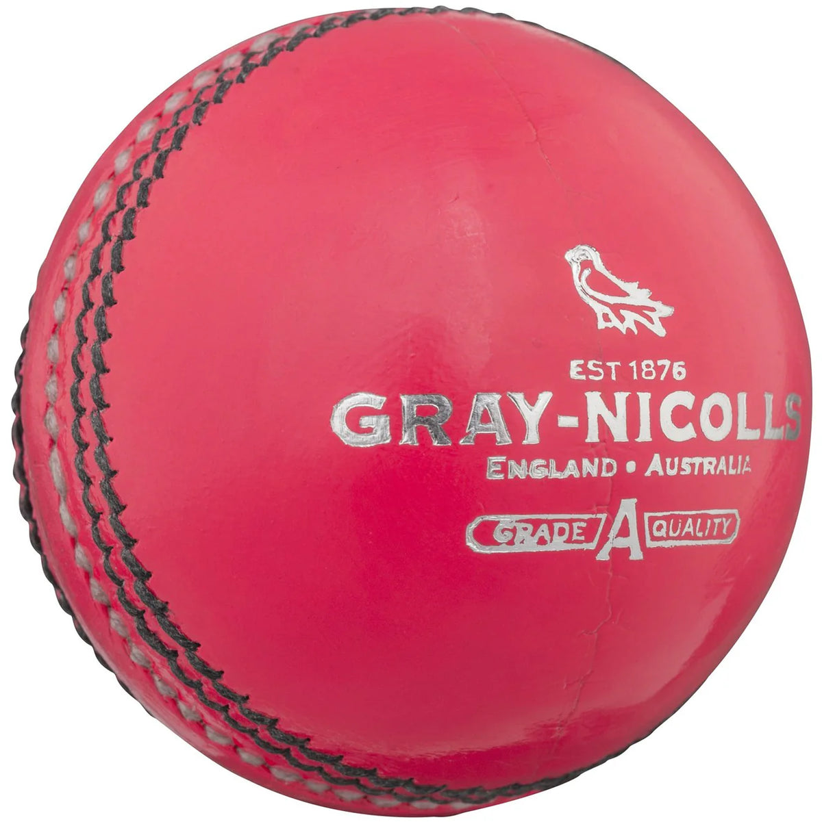 The Gray Nicolls Crown 5 Star Cricket Ball - Senior in pink features stitched seams and white branding, making it ideal as a Grade 1 match cricket ball.