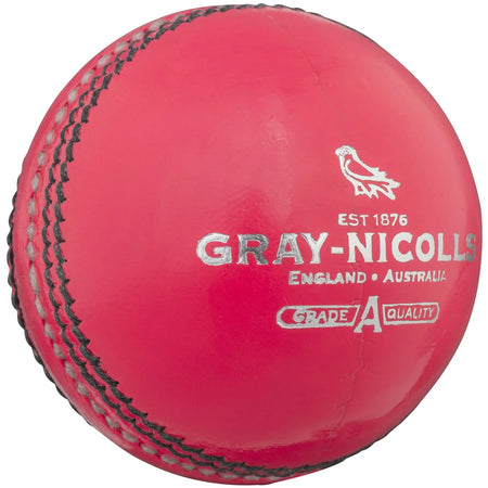 The Gray Nicolls Crown 5 Star Cricket Ball - Senior in pink features stitched seams and white branding, making it ideal as a Grade 1 match cricket ball.