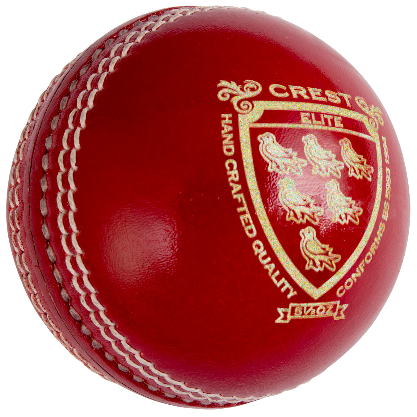 A close-up of the Gray Nicolls Crest Elite Cricket Ball, featuring shiny red chrome tanned leather with white stitching and a gold embossed Crest Elite Hand Crafted Quality logo beside an emblem with six birds.