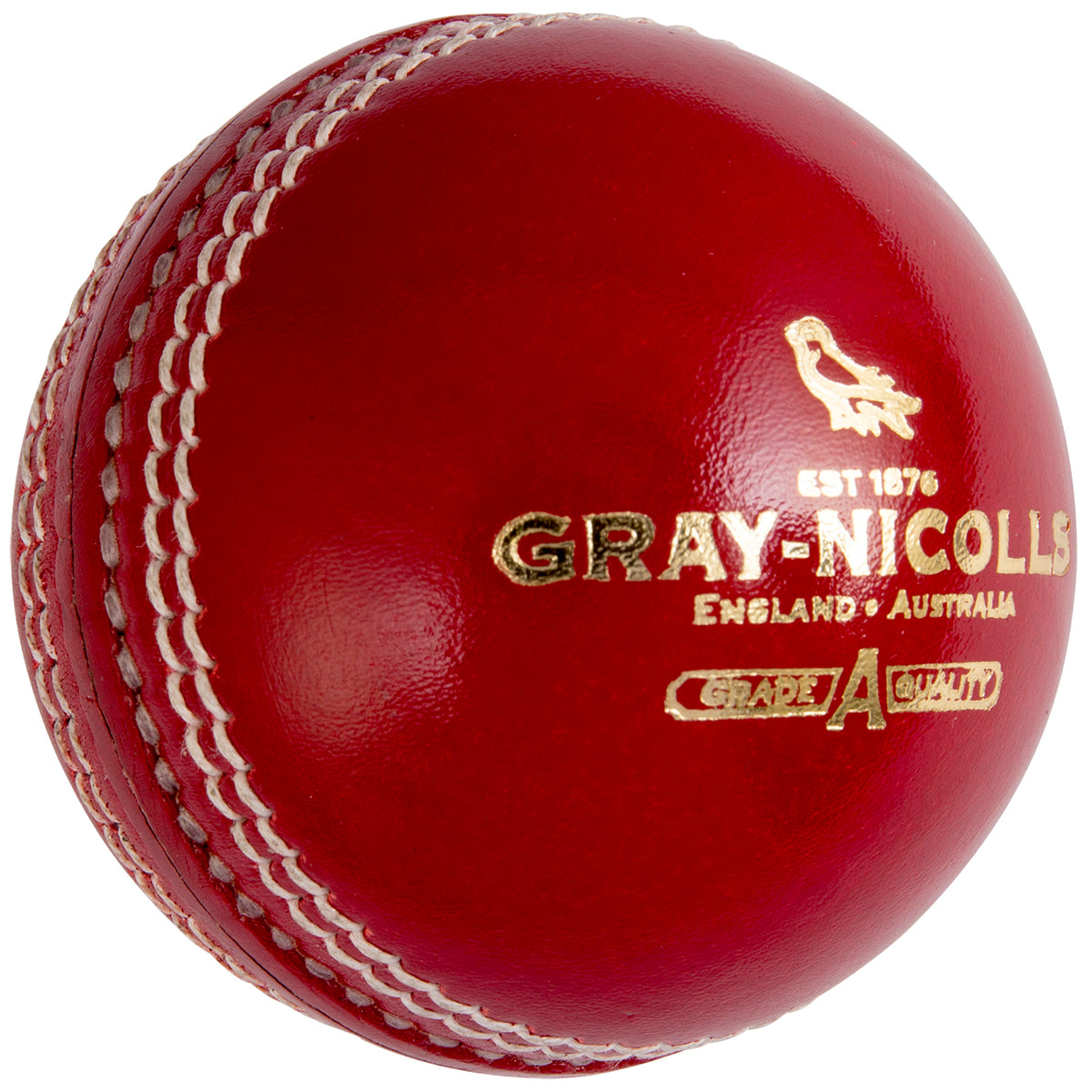 A close-up of the Gray Nicolls Crest Academy Cricket Ball, featuring shiny red leather, strong white machine stitching for durability, and gold Gray Nicolls branding.