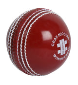 A shiny red Gray Nicolls Wonderball cricket training ball with white stitching and "GRAY NICOLLS WONDERBALL" text—perfect for catching practice.