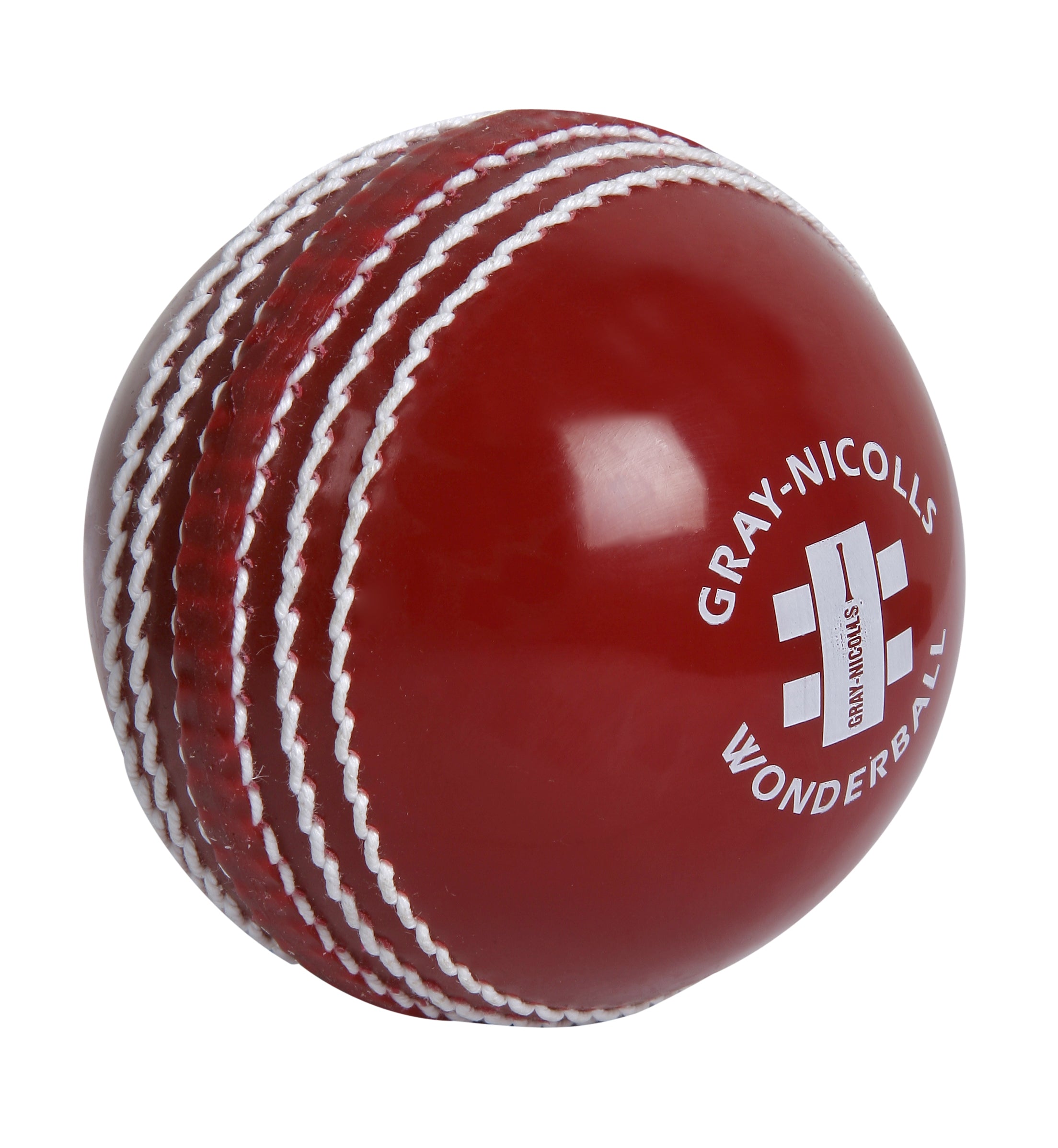 A shiny red Gray Nicolls Wonderball cricket training ball with white stitching and "GRAY NICOLLS WONDERBALL" text—perfect for catching practice.