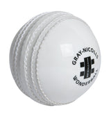 The white Gray Nicolls Wonderball features visible stitched seams, the Gray Nicolls logo, and is ideal for catching practice.